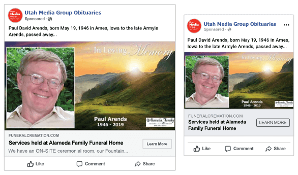 Facebook AdPortal Targeted Obituary