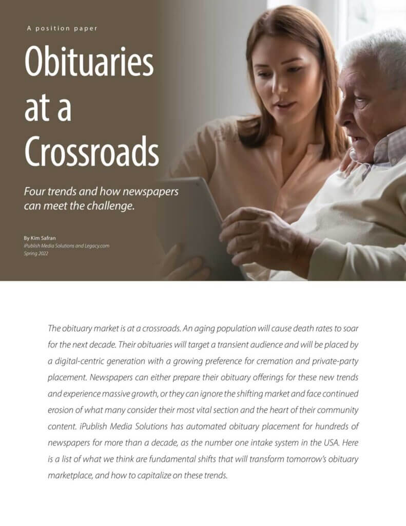 Cover page to Obituaries at a Crossroads a position paper written by Kim Safran